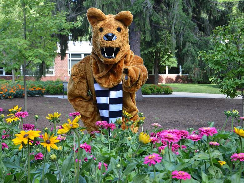 Nittany Lion posing behind some flowers
